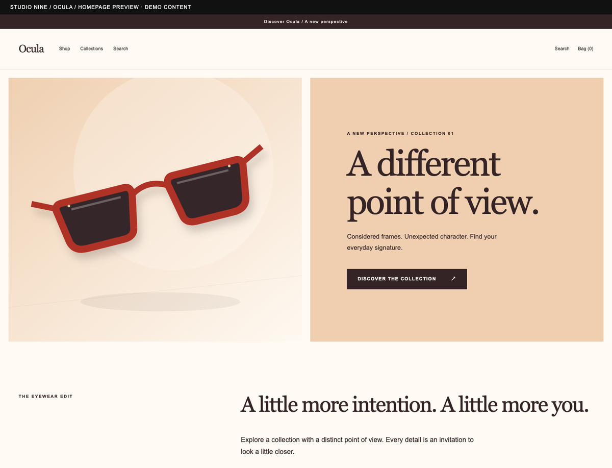 Ocula — homepage preview of the supplied theme with demo content
