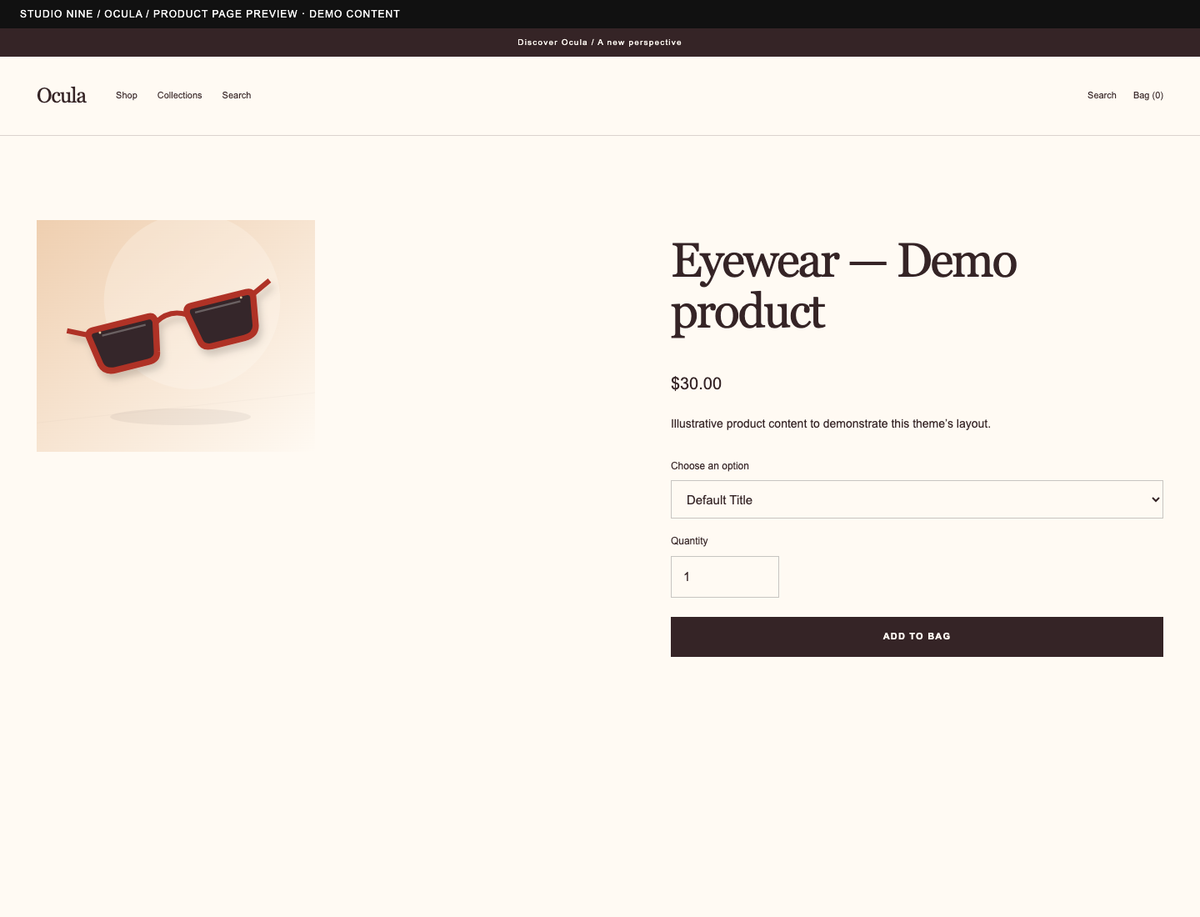 Ocula — product page preview of the supplied theme with demo content