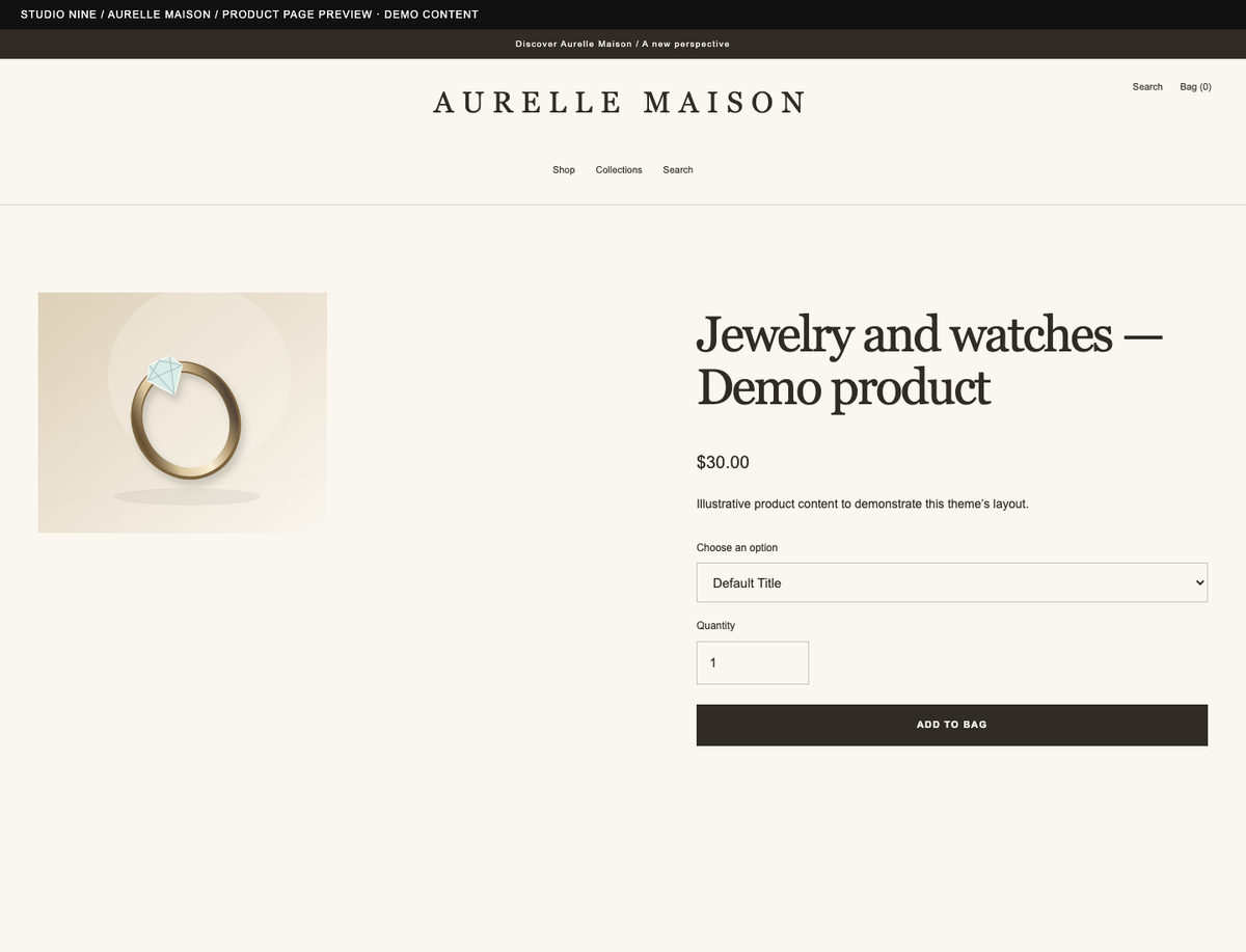 Aurelle Maison — product page preview of the supplied theme with demo content