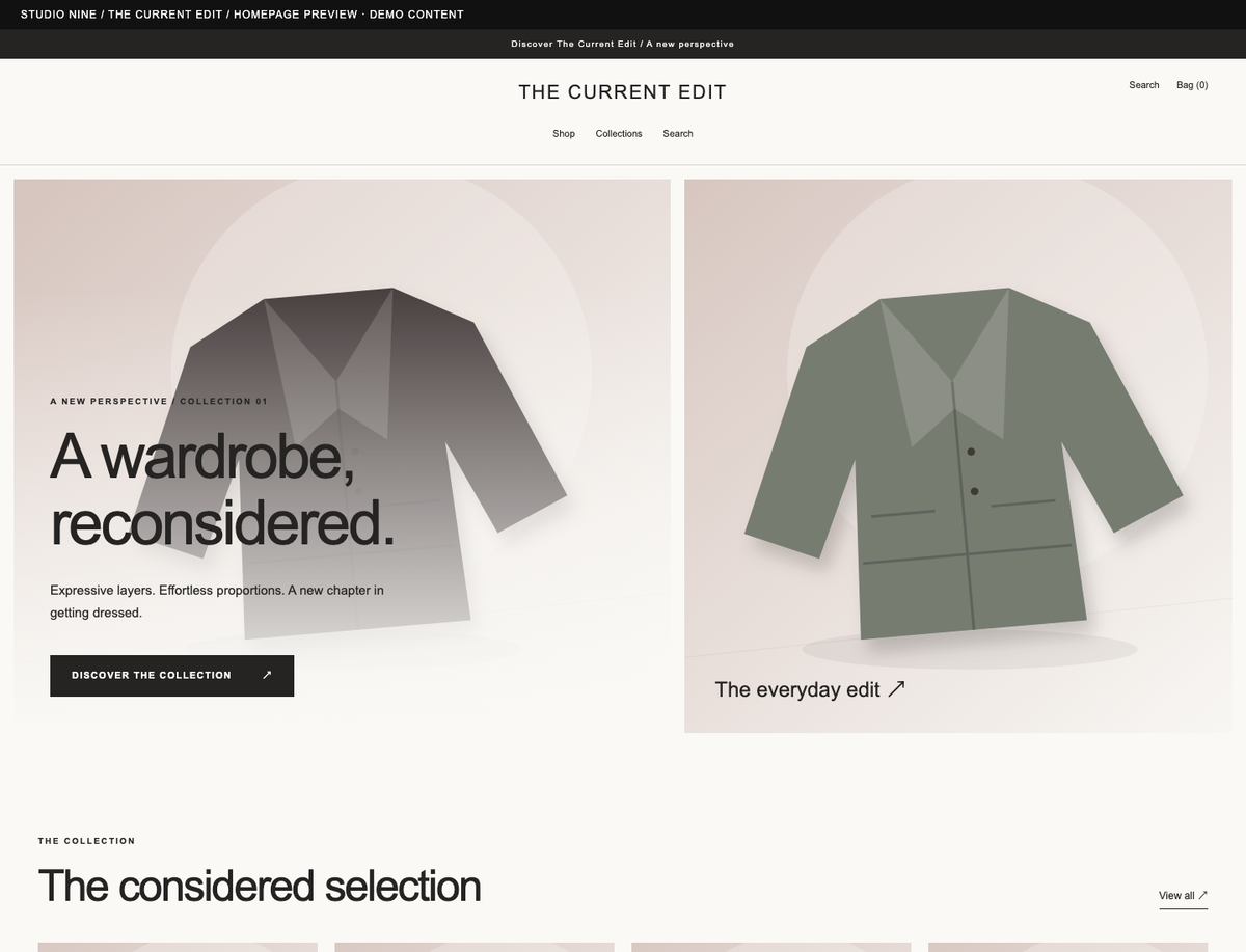 The Current Edit — homepage preview of the supplied theme with demo content