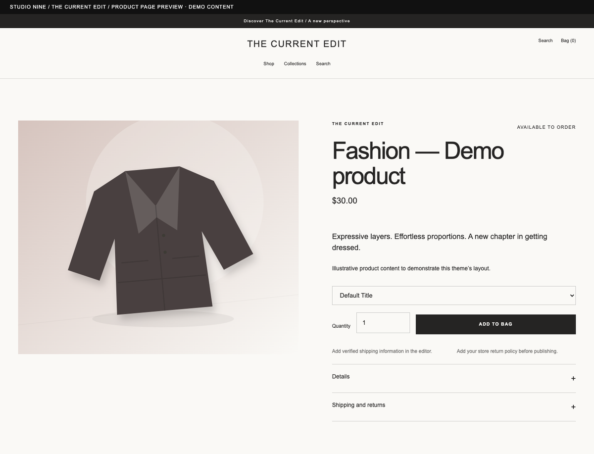 The Current Edit — product page preview of the supplied theme with demo content