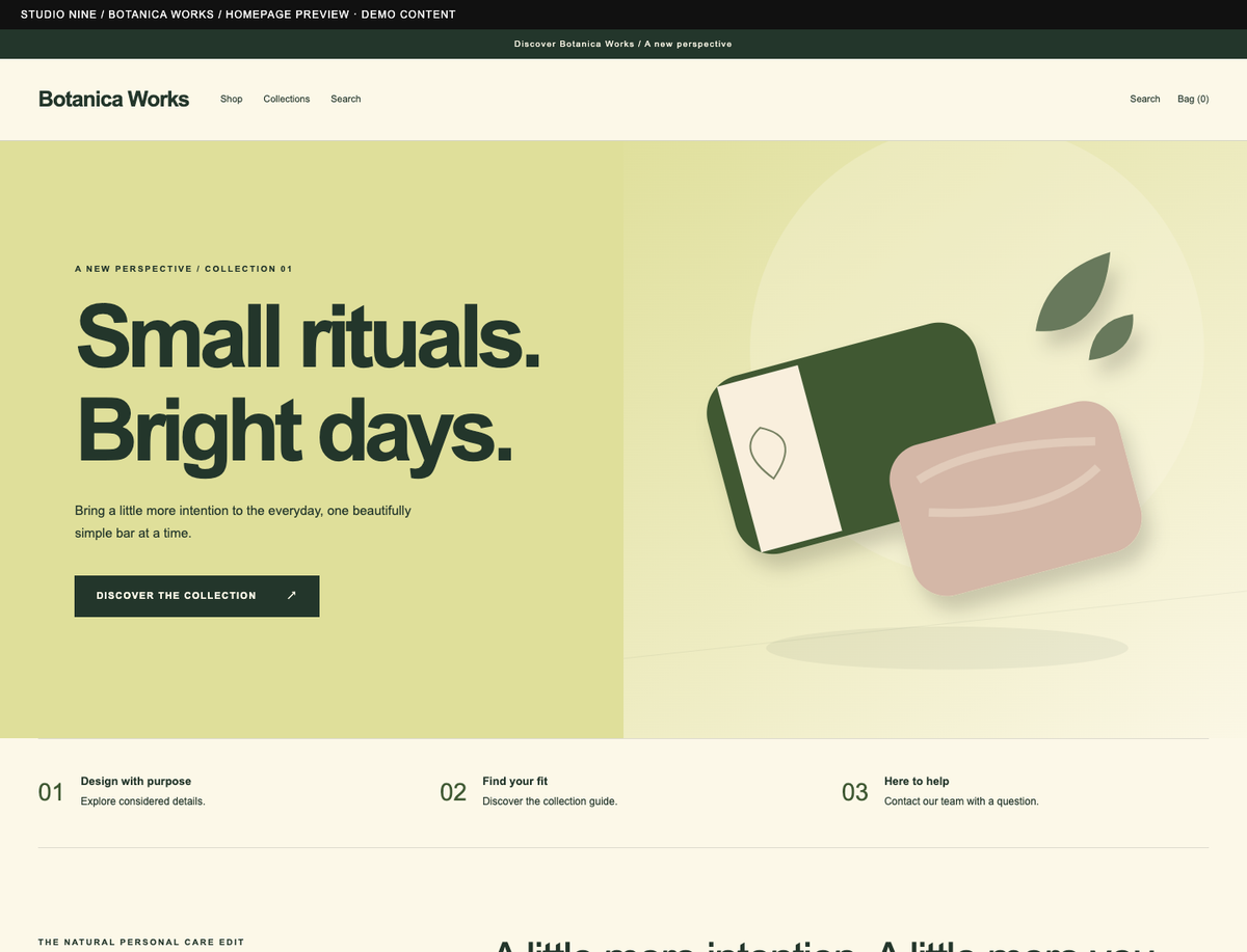 Botanica Works — homepage preview of the supplied theme with demo content