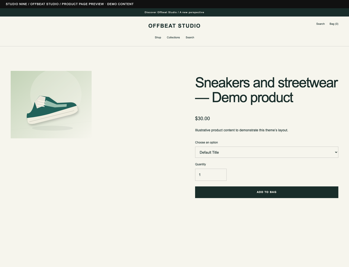 Offbeat Studio — product page preview of the supplied theme with demo content