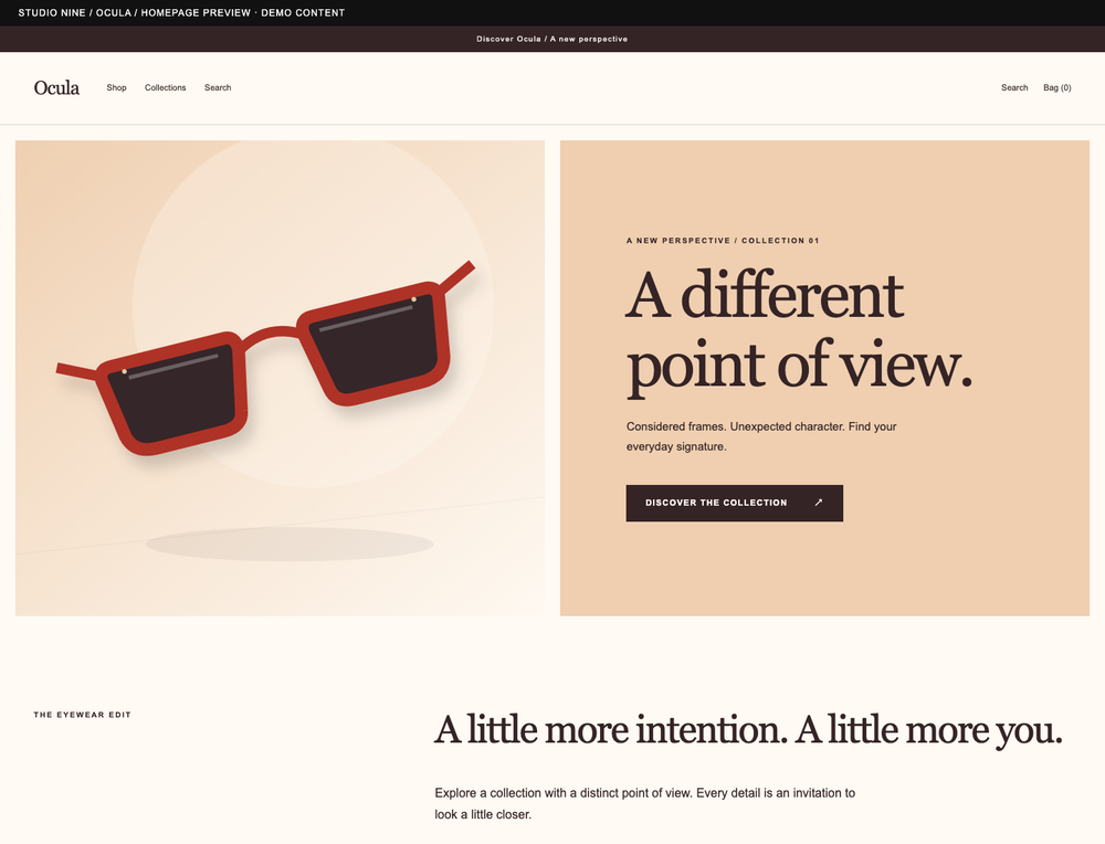 Ocula — homepage preview of the supplied theme with demo content