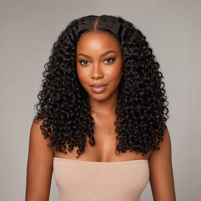 vevolora 3-in-1 Burmese curly human hair half wig on model