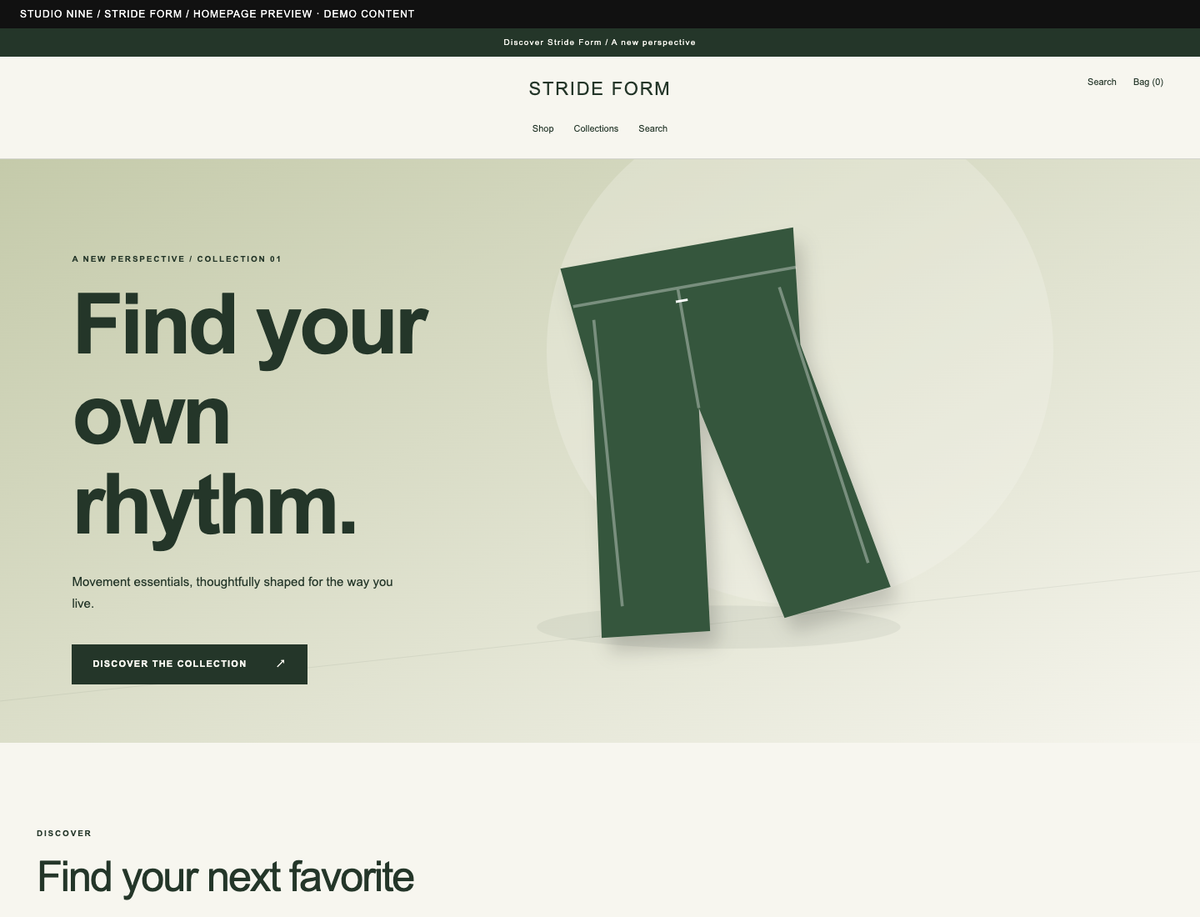 Stride Form — homepage preview of the supplied theme with demo content