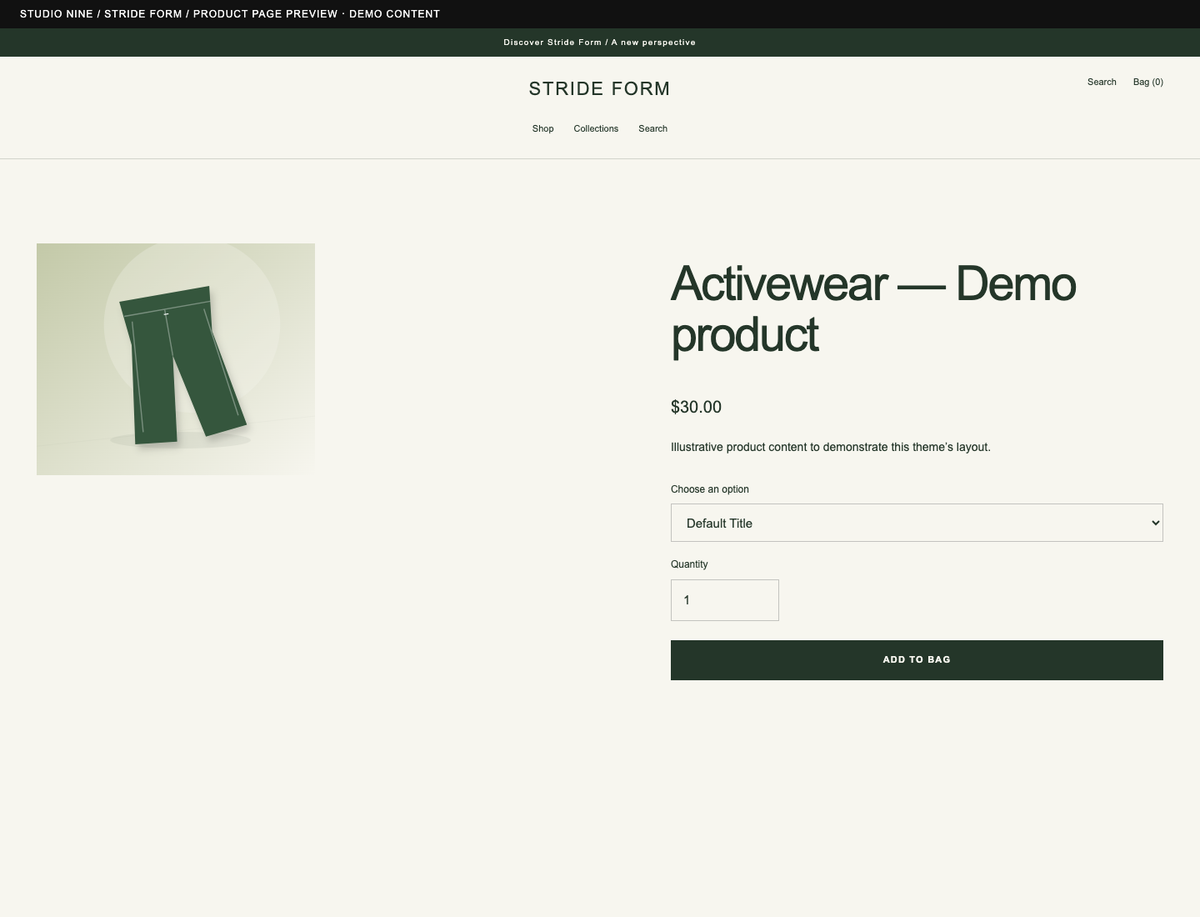 Stride Form — product page preview of the supplied theme with demo content
