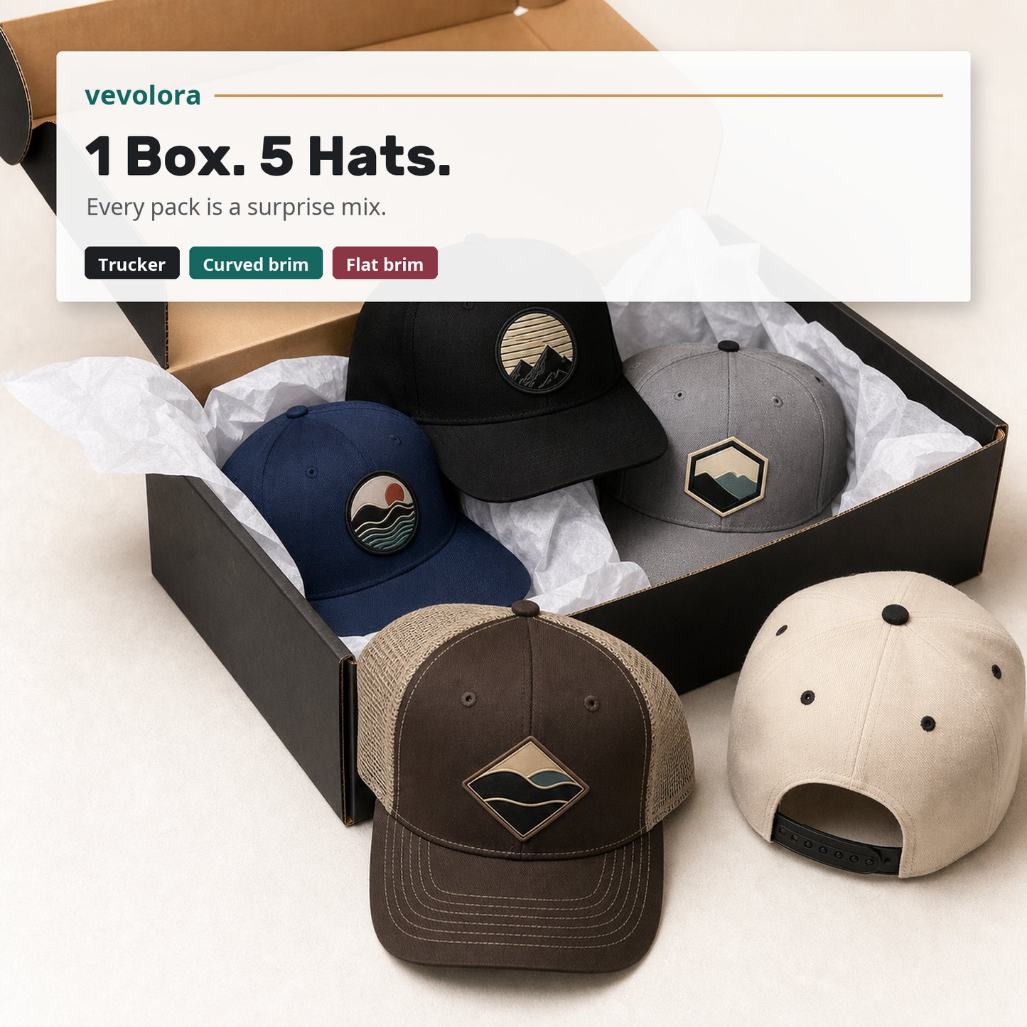 Open vevolora mystery box with five hats