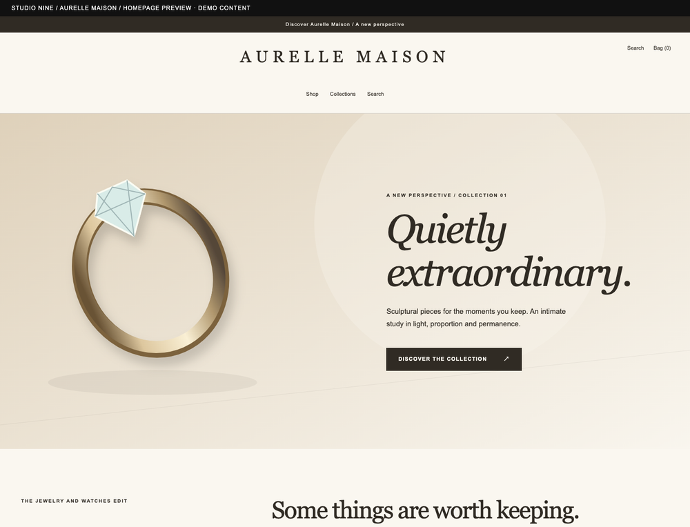 Aurelle Maison — homepage preview of the supplied theme with demo content