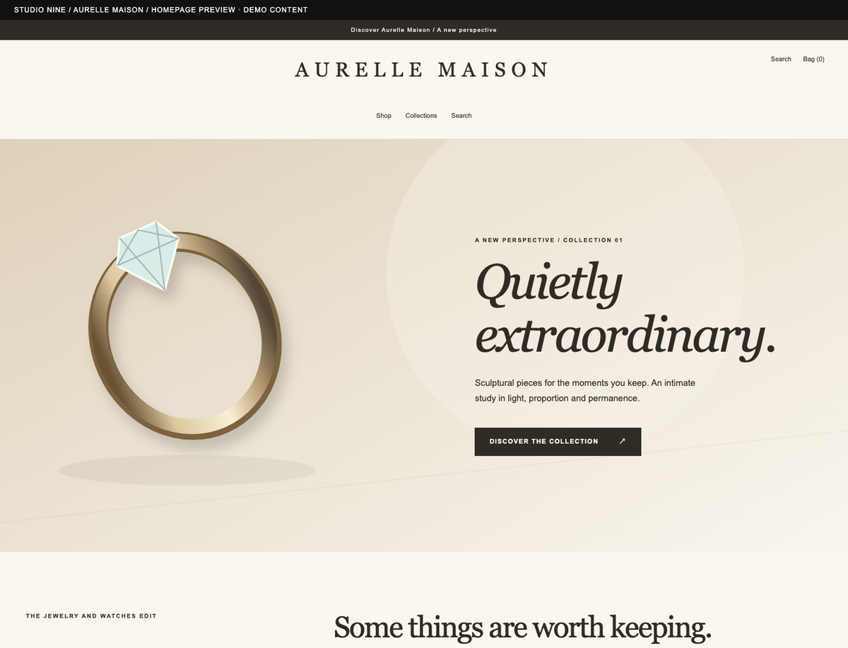 Aurelle Maison — homepage preview of the supplied theme with demo content