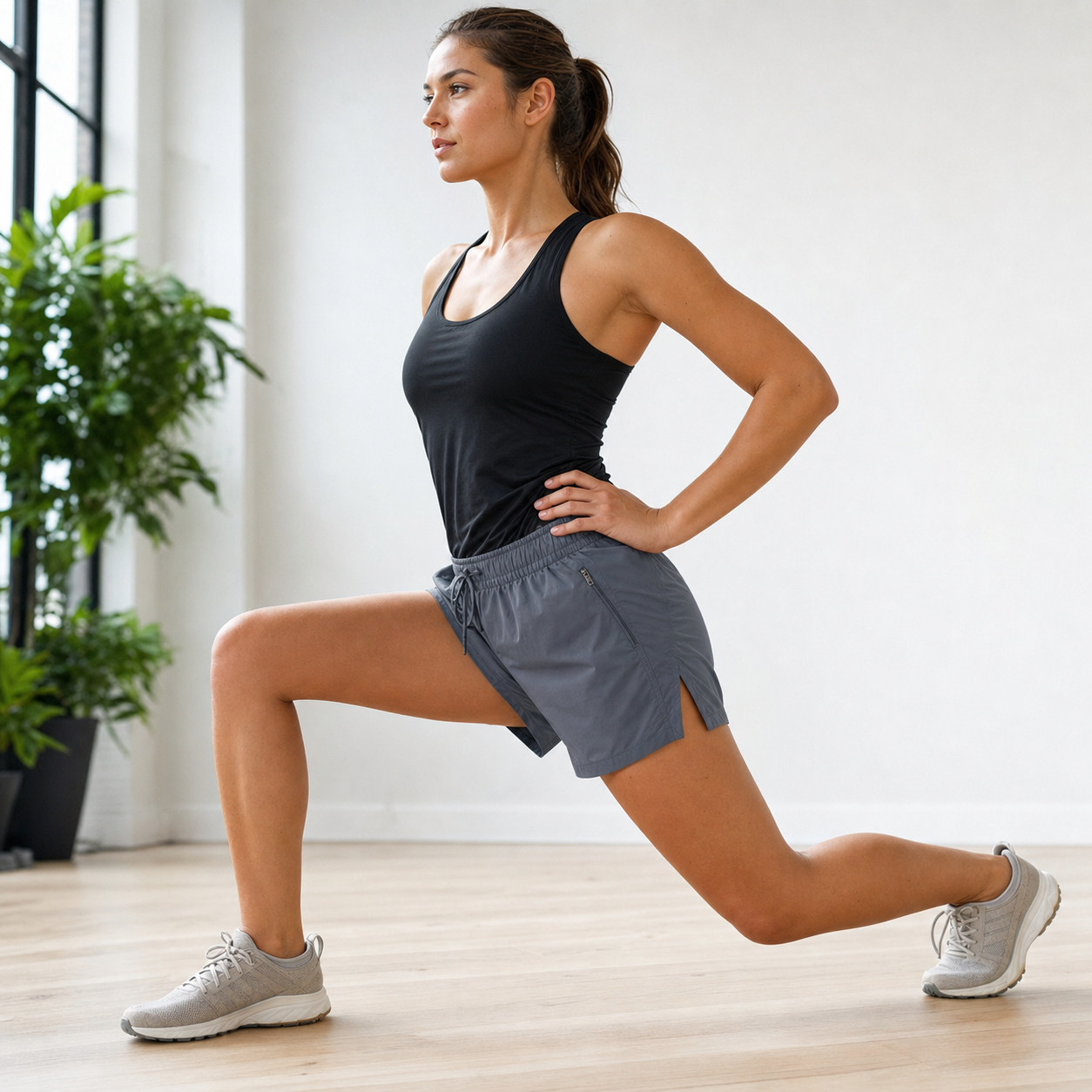 Split hem mobility detail on Velora women's running shorts