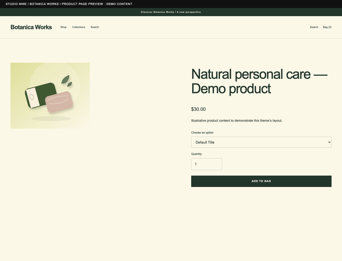 Botanica Works — product page preview of the supplied theme with demo content