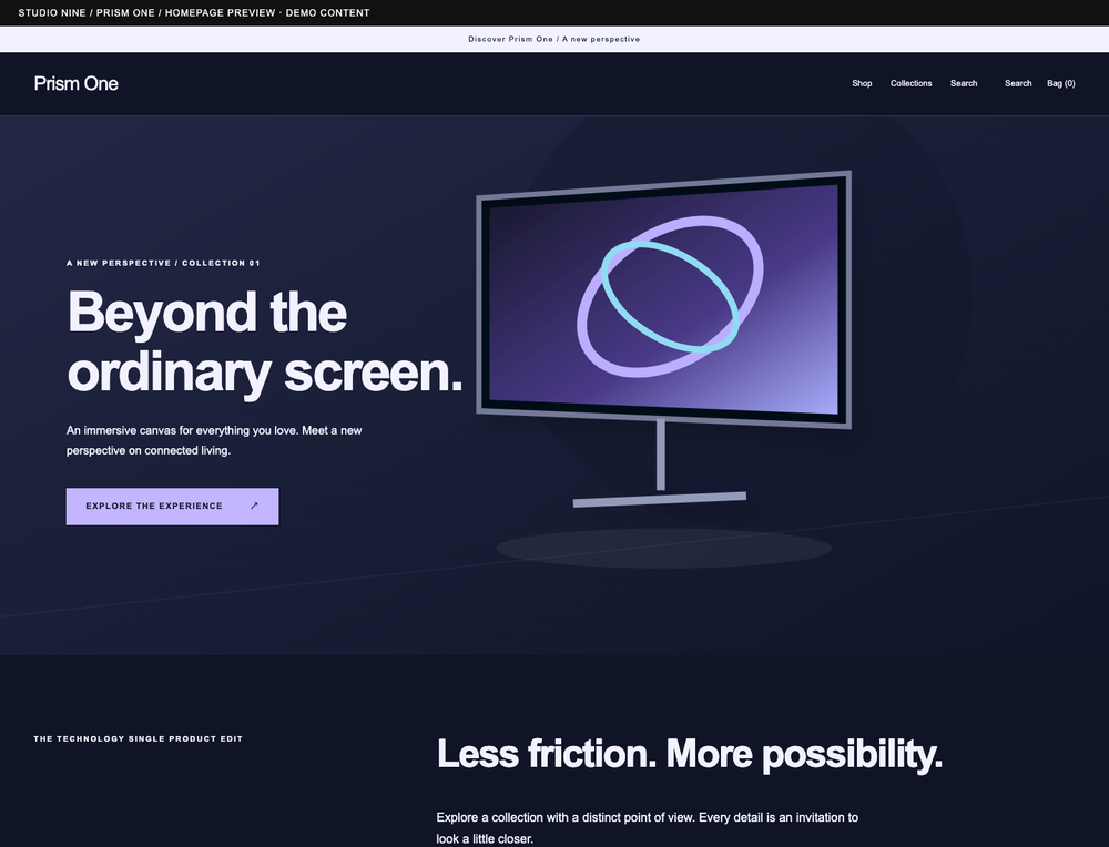 Prism One — homepage preview of the supplied theme with demo content