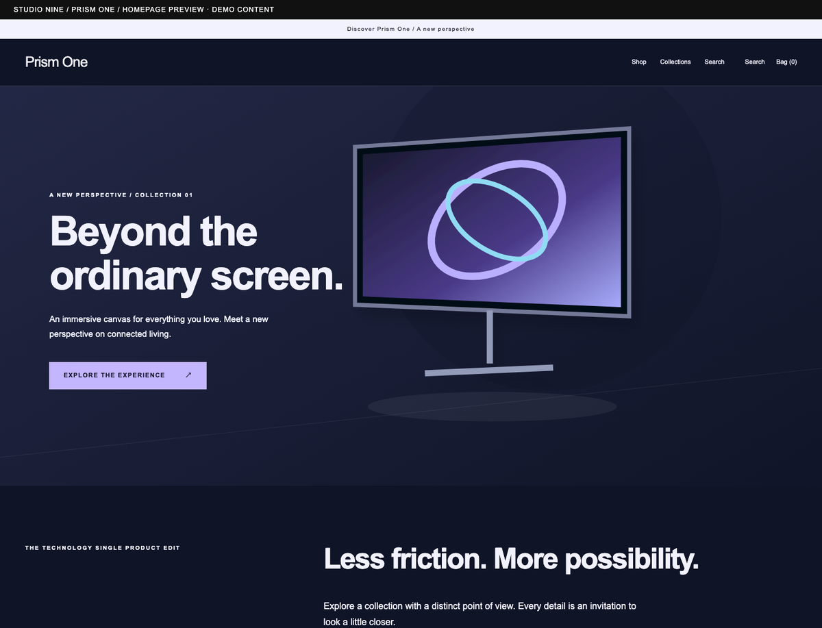 Prism One — homepage preview of the supplied theme with demo content