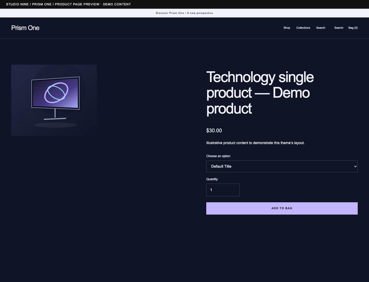Prism One — product page preview of the supplied theme with demo content