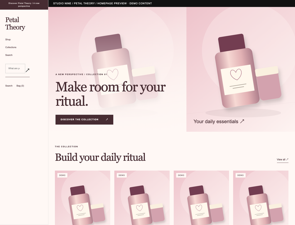 Petal Theory — homepage preview of the supplied theme with demo content
