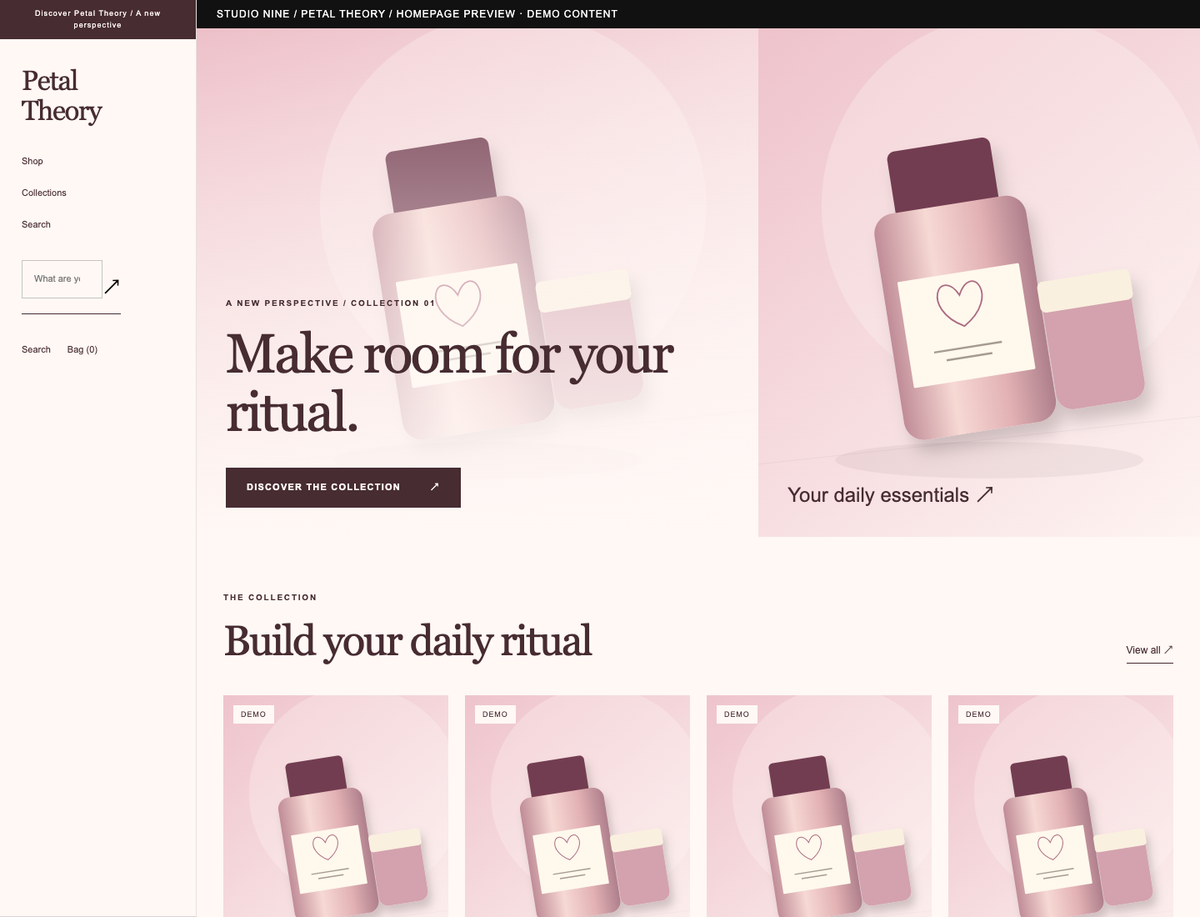 Petal Theory — homepage preview of the supplied theme with demo content