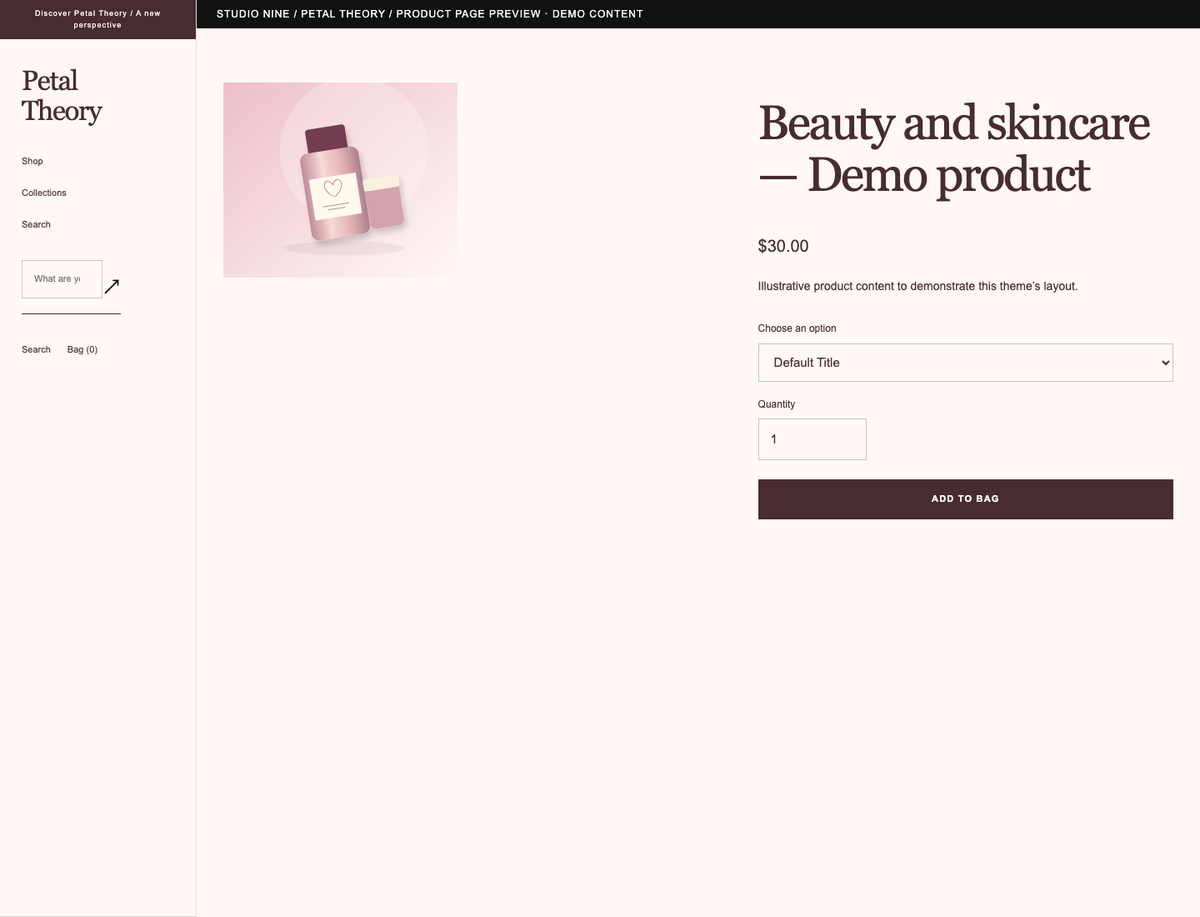 Petal Theory — product page preview of the supplied theme with demo content