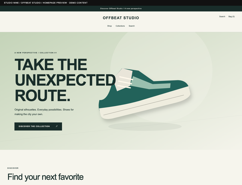 Offbeat Studio — homepage preview of the supplied theme with demo content